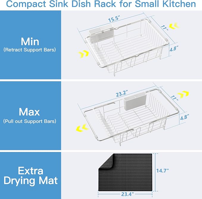 JASIWAY White Dish Drying Rack in Sink with Mat, Expandable Stainless Steel Dish Drainers for Kitchen Counter, Space Saving Dish Dryer for Inside Sink, Over Sink Dish Racks with Utensil Holder