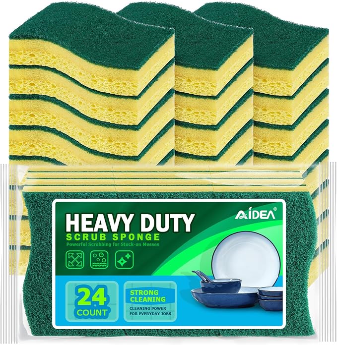AIDEA Sponges Kitchen-24Count, Heavy-Duty Scrub Sponges, Sponges for Dishes | Sponge for Non-Coated Cookware, Scrubbing Power for Tough Messes, Cleaning Sponge for Kitchen, Bathroom, Household