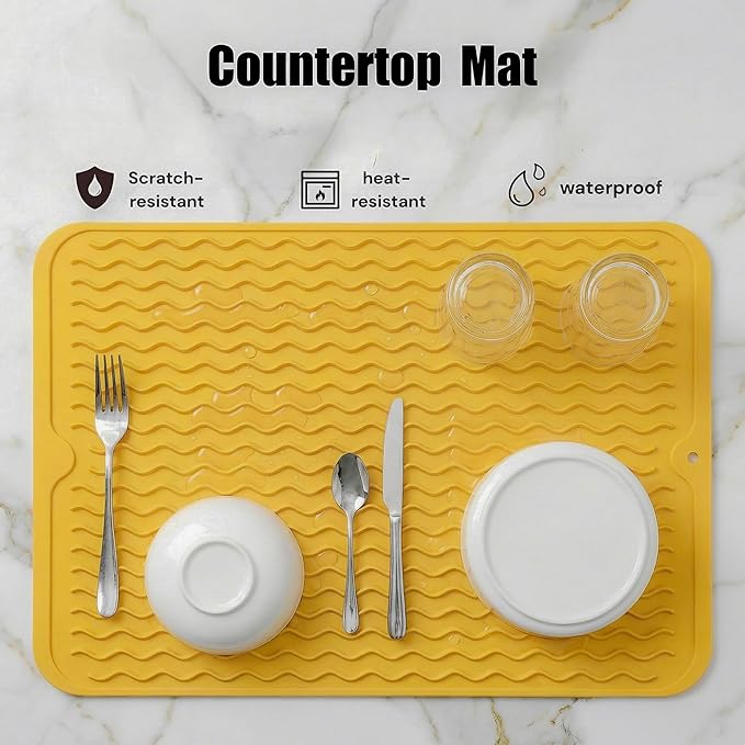 MicoYang Silicone Dish Drying Mat — Quick-Dry Ridges Counter & Sink Pad, Heat-Resistant Trivet to 450°F, Non-Slip & Dishwasher Safe, Roll-Up Storage, 18 Colors & 9 Sizes (Yellow, 16"×12")