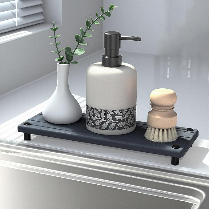 Quick Dry Sink Caddy Kitchen Sink Organizer, Water Absorbing Stone Tray for Sink, Stone Drying Tray, Diatomite Faucet Mat & Protector, Dispenser Sponge Holder, Stone Soap Tray for Bathroom Counter