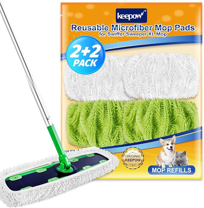 KEEPOW Reusable XL Wet Pads Compatible with Swiffer XL Sweeper, 4 Pack | X-Large Dry Sweeping Cloths, Wet Mopping Cloths, Washable Microfiber XL Wet Pads Refills for Surface/Hardwood Floor Cleaning