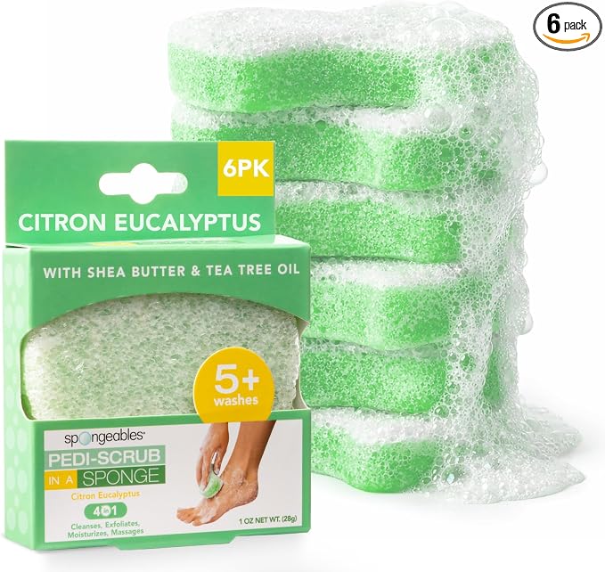 Spongables Pedi Scrub Foot Exfoliating 20+ Wash Sponge, Citron Eucalyptus, 6 Count (Pack of 6)