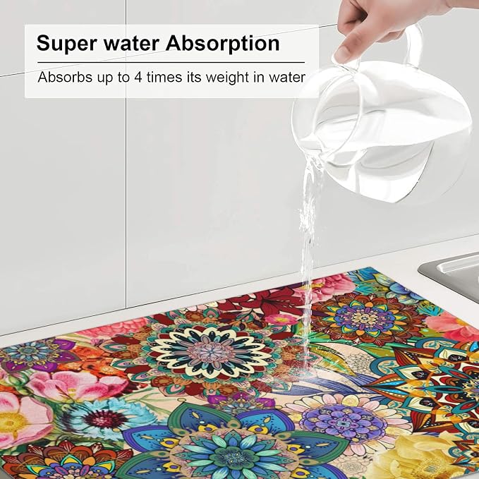 Colorful Flowers Dish Drying Mat for Kitchen Counter Absorbent Reversible Boho Floral Drying Pad Kitchen Decor Dish Drainer Rack Mats 18"x24"