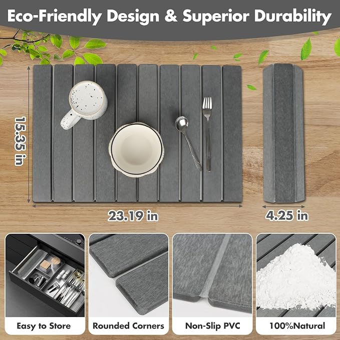 Large Stone Dish Drying Mat for Kitchen Counter, Eco-friendly, Instant Drying Pad,Diatomaceous Earth Water Absorbing Mat, Foldable and Super Absorbent Dish Drying Stone Mat, 24"×16", Dark Gray
