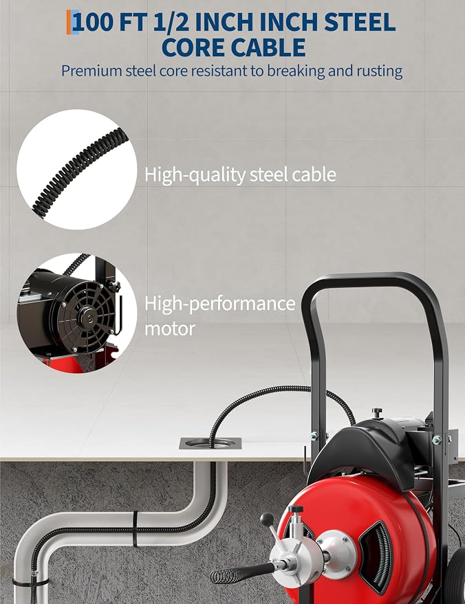 Garvee Drain Cleaner Machine Electric 370W 100FT 1/2 Inch Steel Core Cable | Durable steel cable , 370W motor, auto-feed, foot switch, portable with wheels — for pipes, drains, sinks, toilets