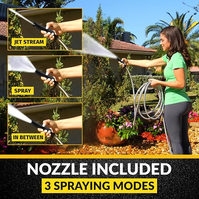 BIONIC STEEL 50 Ft Metal Garden Hose with Sprayer Nozzle,Non Kinking Stainless Steel Heavy Duty Hose 50Ft x 5/8 in. Ultra Flexible NON Expandable for Uninterrupted Water Flow,500 PSI,(Pack of 4)