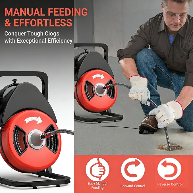 50FTx1/2 Inch Drain Cleaner Machine with Wheels, Sewer Snake Electric Drain for 2" to 4" Pipes, Plumbing Snake Auger Cleaner with 6 Cutter & Foot Switch for Sewer, Sink, Toilet, Bathroom