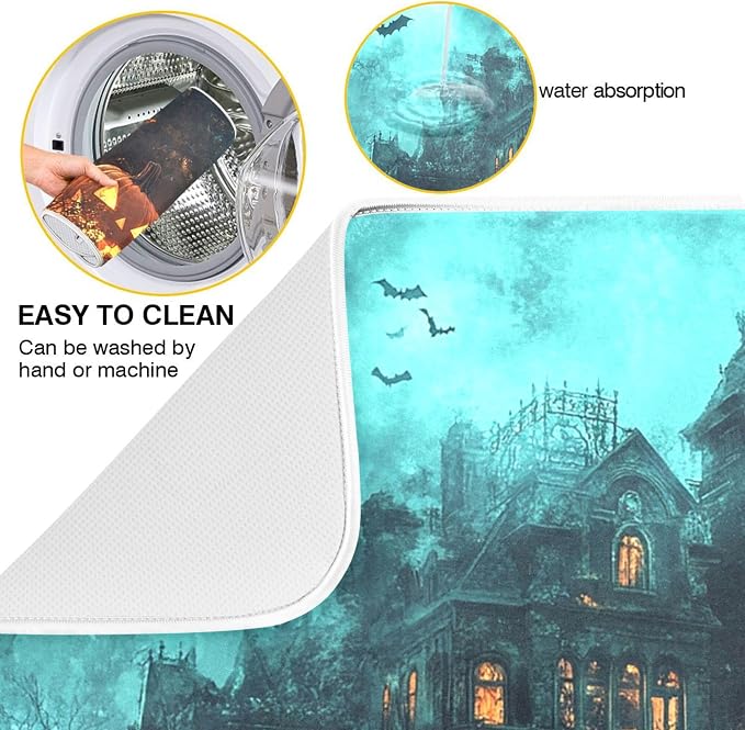 Halloween Castle Dish Drying Mat for Kitchen Countertop 16x18 Spooky Witch Pumpkin Lantern Small Drying Mat Reusable Quick Dry Dish Sink Mats Easy Clean Decorative Essentials