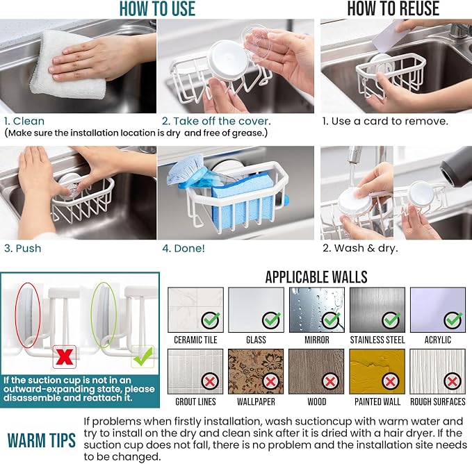 TAILI Sink Caddy with Strong Suction Cup, Sponge Holder for Kitchen Sink Organizer, Removable Sponge Caddy Inside Sink, Rustproof Aluminum Holder for Sponges, Brushes - White