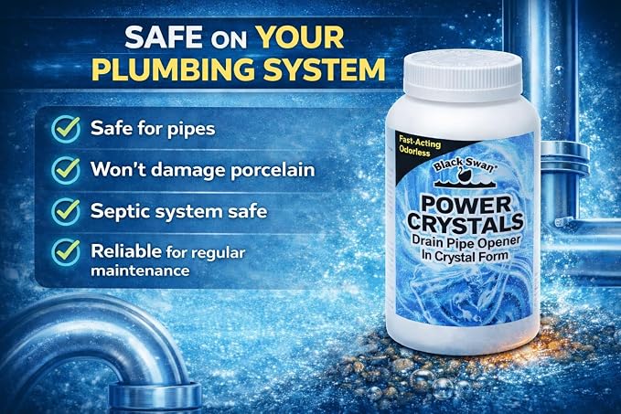 Black Swan 09177 Power Crystals Drain Opener, 2 lbs (32 oz) - Heavy Duty Crystal Formula for Cleaning Clogged Drain Pipes Due to Grease, Food Scraps - Safe for Plumbing & Septic Systems