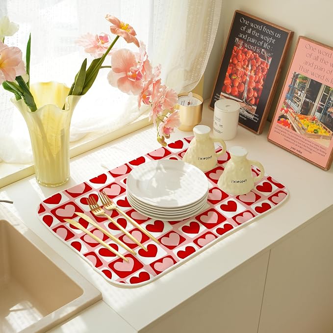Valentines Day Dish Drying Mats 18x24 Inch Pink Red Heart Plaid Drying Mats Anniversary Holiday Checkered Valentines Decorations Absorbent Drying Dish Mats for Kitchen Dining Room Counter Decor