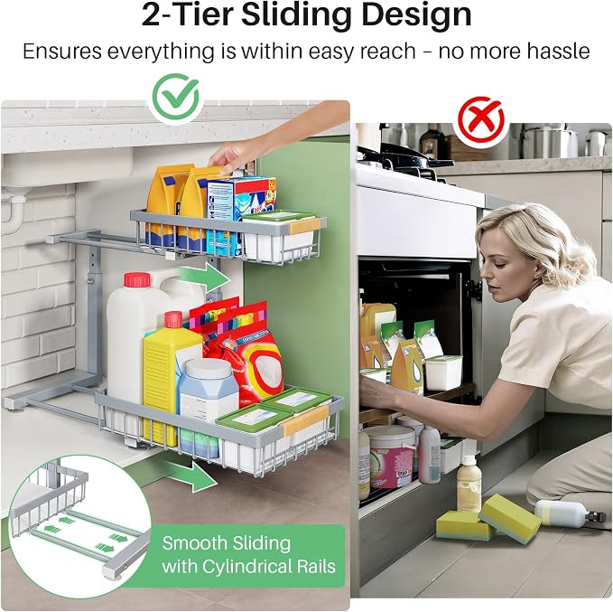 Kitstorack Under Sink Organizer, 2 Tier Under the Sink Storage, Slide out Pull out Cabinet Organizer Shelf, Metal Sliding Drawer for Kitchen Bathroom Pantry Closet Organization Rack, Grey, 1 Pack
