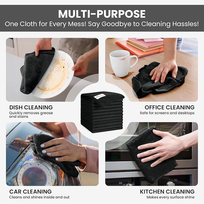 SIFANGKE Microfiber Cleaning Cloth, 12 Pack Lint-Free and Highly Absorbent Rags, Black Reusable Microfiber Towels for Car, Kitchen, Bathroom and Household Cleaning Supplies, 11.8"X11.8"