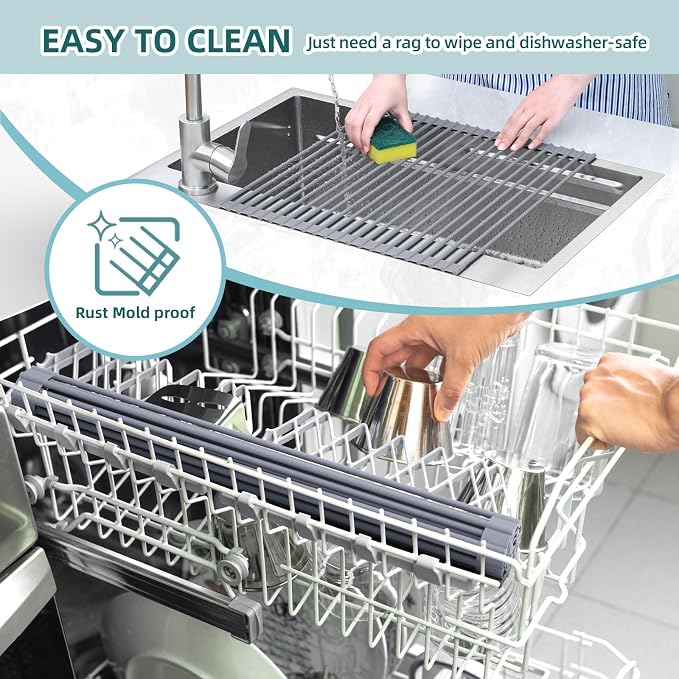 Ohuhu Over Sink Dish Drying Rack Silicone Wrapped 17.6" W x 15.4" L Large Over the Sink Roll Up Dish Drainer - Foldable Sink Drying Rack Rolling Drain Mats Anti-Slip Multipurpose for Kitchen Counter