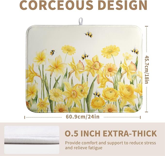 Spring Summer Daffodils Dish Drying Mats Spring Yellow Rose Dish Mat Drying Matt Floral Bee Dishes Dryer Pad for Kitchen Counter Absorbent Microfiber Washable Foldable Reusable 18x24 in