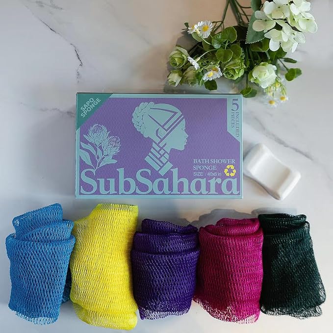 SubSahara Authentic African Net Sponge - 5 Pack Exfoliating Bath & Shower Loofah Sponge for Body & Face, Gentle Scrubber for All Skin Types, Travel, Durable