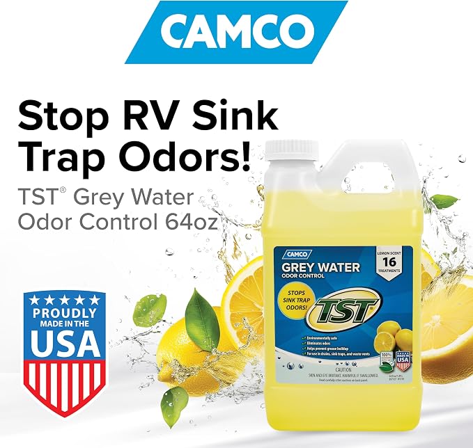 Camco TST Camper/RV Grey Water Odor Control - Removes Grease Buildup in Gray Water Tank, Sink & Shower Drains - 4oz Treats 40-Gal Holding Tank - Safe Septic Tank Treatment - Lemon, 64 oz (40256)