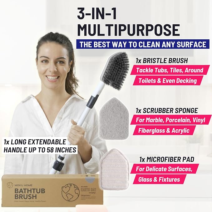 Moku Home Shower Scrubber 3 in 1 Extendable Long Handle 58" Cleaning Brush | Non-Scratch Bathroom Scrubber for Tub, Tile, Shower, Kitchen, Toilet, Sink, Wall & Floor; Telescopic Shower Cleaning Brush