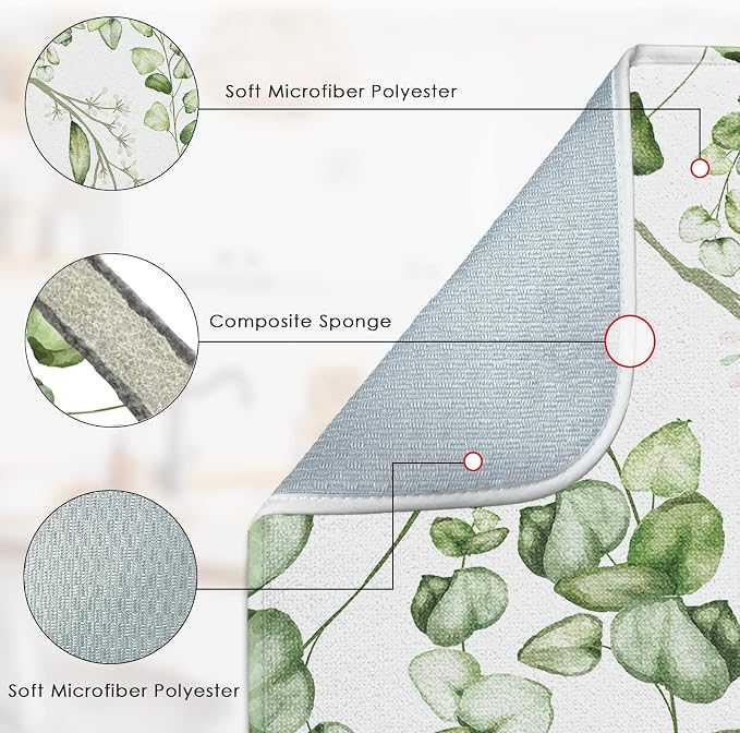 Sanwarm Absorbent Dish Drying Mat, Vintage Summer Eucalyptus Leaves Flower Microfiber Pad for Kitchen Counter, Coffee Bar Decor, Heat Resistant and Reversible, 16" x 18"