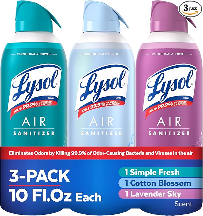 Lysol Air Sanitizer with Bacterial Odor Eliminator for Home & Office, Air Freshener Alternative, Simple Fresh + Cotton Blossom + Lavender Sky, 10 oz (Pack of 3)