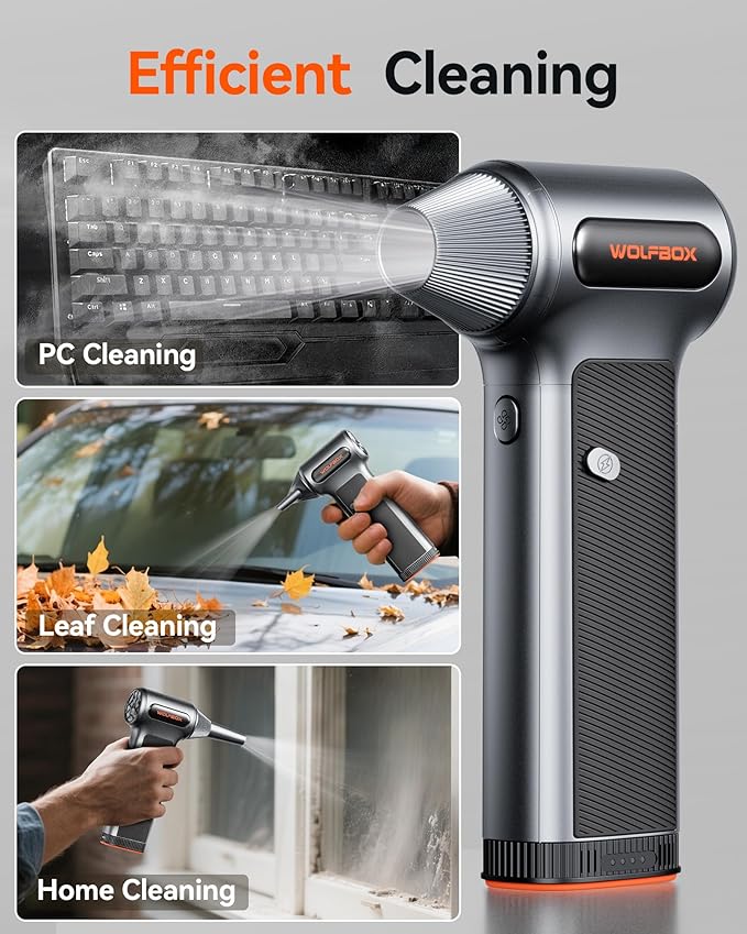WOLFBOX MF200 Compressed Air Duster, Removable Battery, Car Cleaning, Home | 4 Nozzles, Cordless, 3-Speed Adjustable, Mini Blower, Computer Keyboard, Outdoor Use, 0.85 lb Portable, 2 Brushes