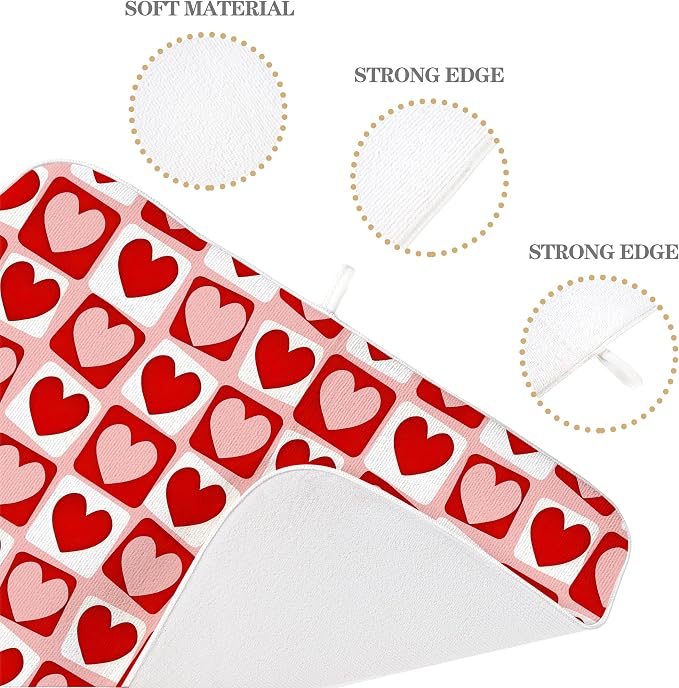 Valentines Day Dish Drying Mats 18x24 Inch Pink Red Heart Plaid Drying Mats Anniversary Holiday Checkered Valentines Decorations Absorbent Drying Dish Mats for Kitchen Dining Room Counter Decor
