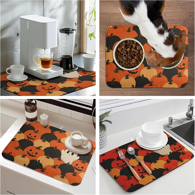Halloween Spooky Pumpkin Dish Drying Mats Cute Ghost Dish Mat Fall Drying Matt Dishes Dryer Pad for Kitchen Counter Absorbent Microfiber Washable Foldable Reusable 18x24 in