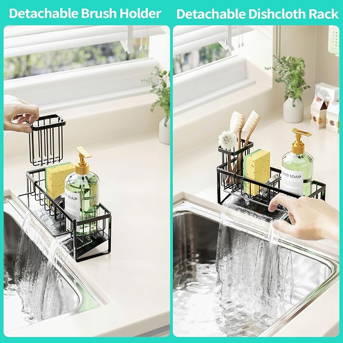 HapiRm Sponge Holder for Kitchen Sink - Self-draining Sink Caddy with Brush and Dishcloth Holders with Sloping Drainage - Black