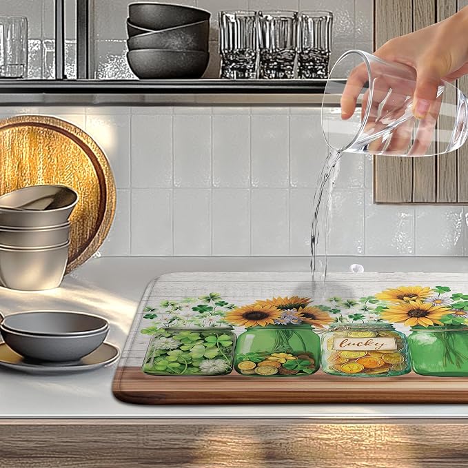 St Patricks Day Shamrock Dish Drying Mats St Patrick's Day Spring Dish Mat Sunflowers Drying Matt Dishes Dryer Pad for Kitchen Counter Absorbent Microfiber Washable Foldable Reusable 18x24 in