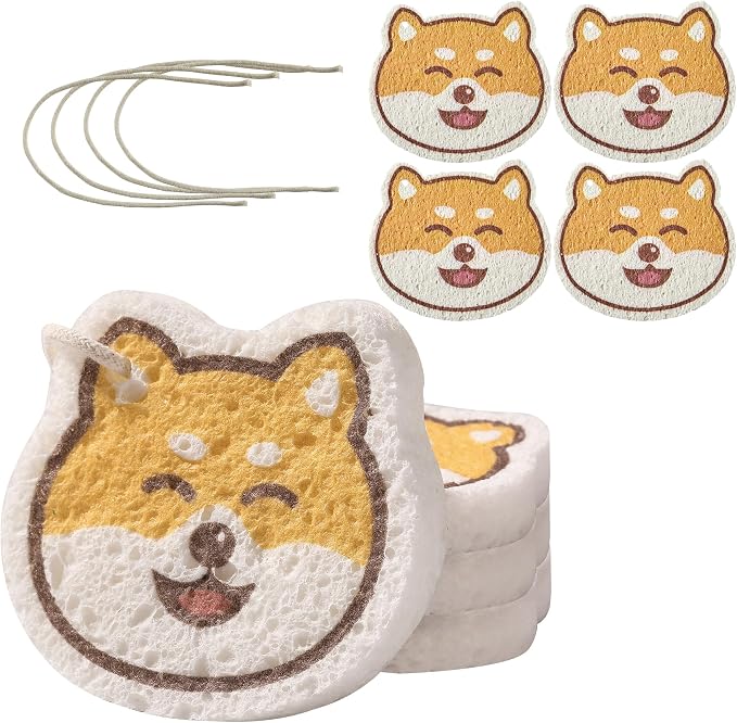 JOYMOOP Cartoon Kitchen Sponge, Cellulose Sponges for Cleaning, 4 Pack Non-Scratch Sponges for Washing Dishes, Reusable Sponge for Kitchen, Bathroom and Office - Doggy Pattern