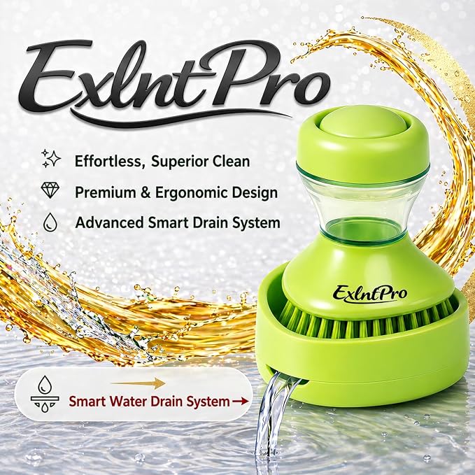 ExlntPro-Upgraded Dish Brush with Soap Dispenser, Kitchen Scrub Brush with Holder & Drain Tray, Refillable Soap Dispensing Dish Scrubber for Pots, Pans & Sink Cleaning