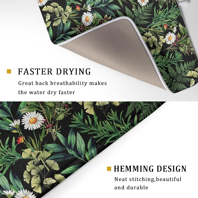 Green Botanical Dish Drying Mat 18x24 Inch Plant Leaf Fast Dry Dish Drainer Rack Mats Absorbent Microfiber Protector for Countertops Sinks