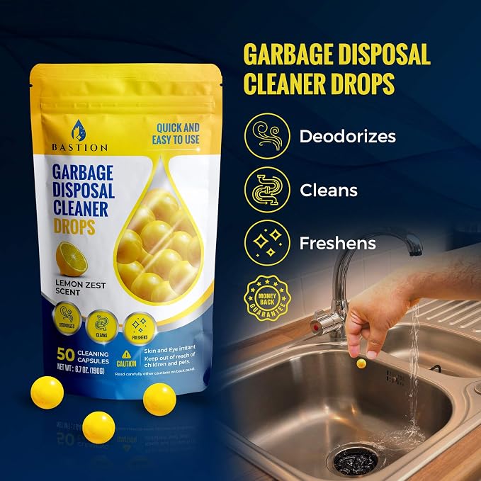 Bastion Garbage Disposal Cleaner Deodorizer Bundle - 24 Pack Disposer Tablets + 50 Count Lemon Zest Disposal Cleaning Drops