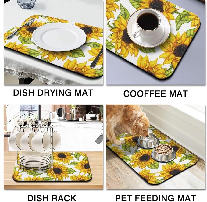 Dish Drying Mat 2-Pack in Sunflower Floral for Kitchen Counter Dishes Mat | Diatom Mud Mats (18x24, 19.5x12"). Non-slip rubber back for kitchen counter, coffee bar & sink scenes