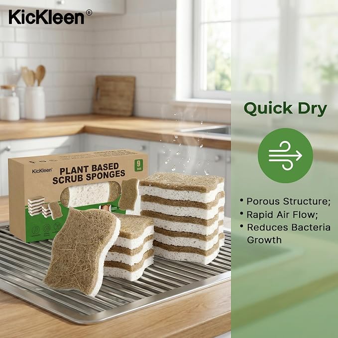 9 Pack Kickleen Biodegradable Natural Kitchen Sponges - Compostable Cellulose and Coconut Walnut Scrubber Sponge - Eco Friendly Sustainable Sponges for Dishes (9 Pack)