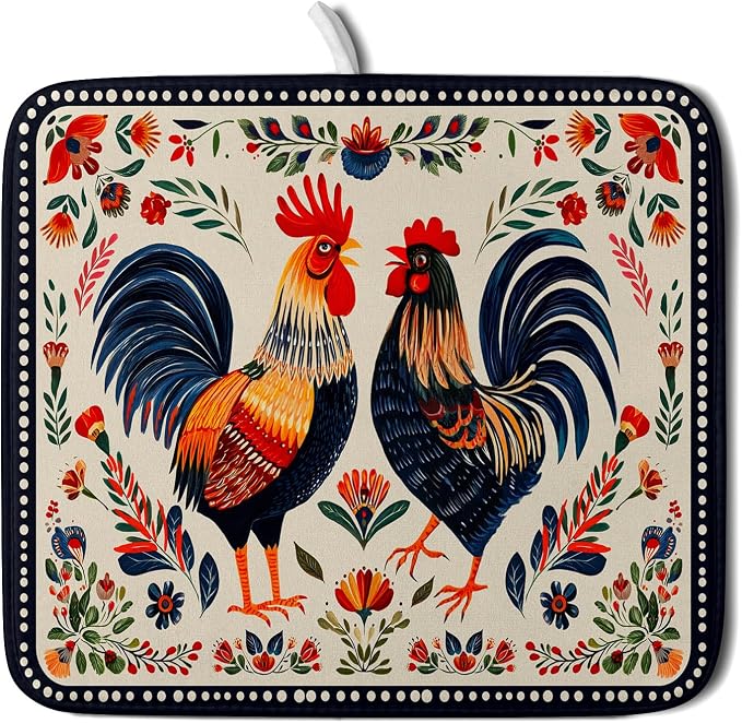 Roosters Chicken Dish Drying Mat for Kitchen Counter Absorbent Microfiber Drying Pad 16 x18 In