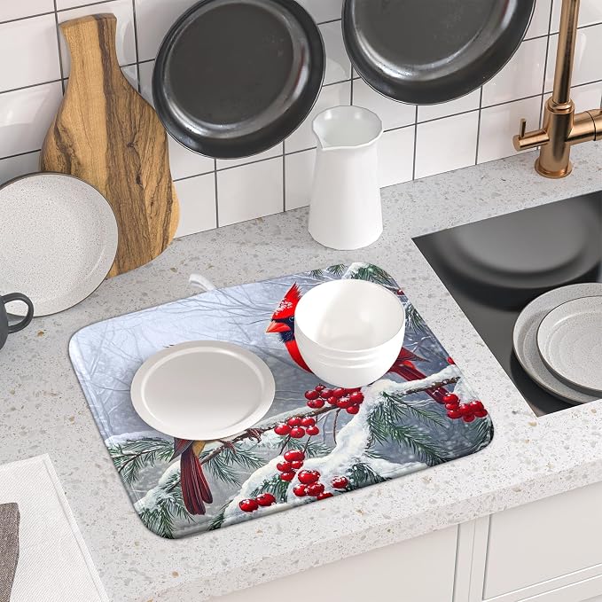 Christmas Bird Dish Drying Mat for Kitchen Counter 16 x 18 Inches Red Winter Absorbent Reversible Microfiber Mats for Berry Dish Rack Pad Drainer Mat for Coffee Bar Decor