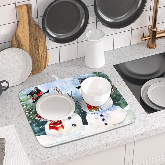 Winter Dish Drying Mat 16 x 18 Inch Xmas Snowman Pattern Dish Drying Pad Absorbent Microfiber Mats for Christmas Dish Rack Pad for Kitchen Counter Coffee Bar Decor