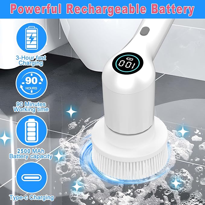 Electric Spin Scrubber, 44 in-lbs High Torque Shower Scrubber & LED Display, 6 in 1, Variable Speed Cordless Shower Cleaner Brush for Cleaning Bathroom, Kitchen, Toilet, Bathtub, Car
