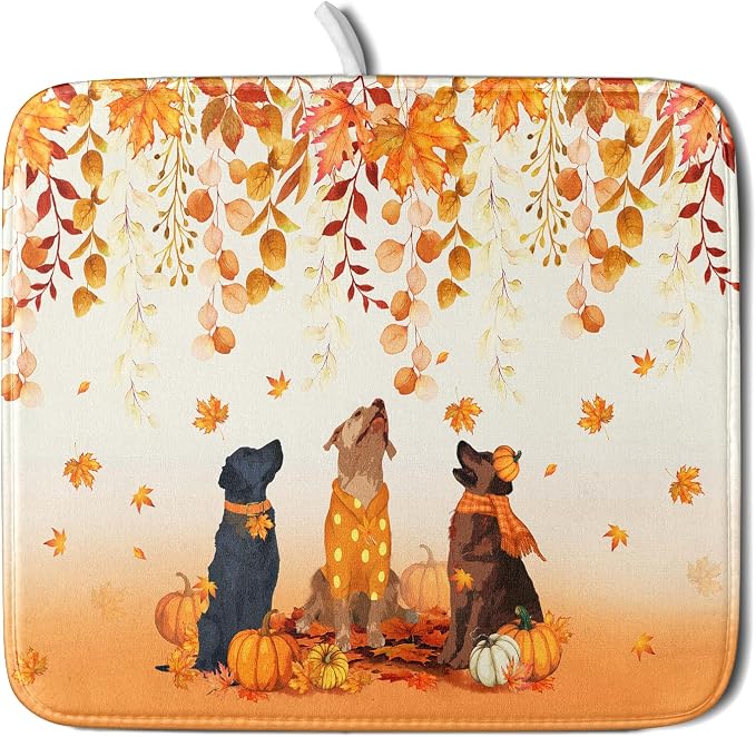 Giwawa Fall Dogs Dish Drying Mat Autumn Leaves Reusable Dishes Pad 16"x18" Holiday Microfiber Quick Dry Dish Drainer Rack Mat for Kitchen Counter