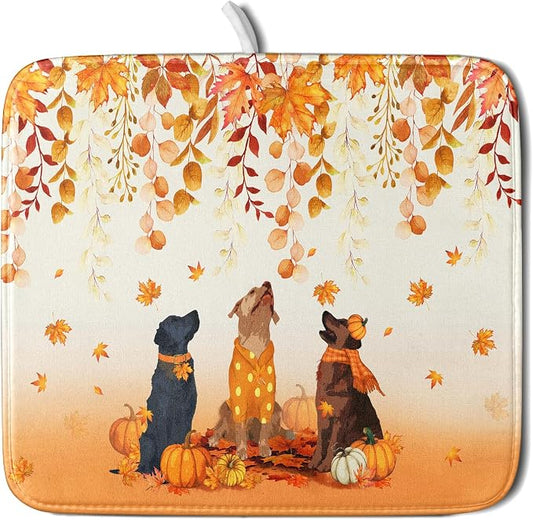 Giwawa Fall Dogs Dish Drying Mat Autumn Leaves Reusable Dishes Pad 16"x18" Holiday Microfiber Quick Dry Dish Drainer Rack Mat for Kitchen Counter
