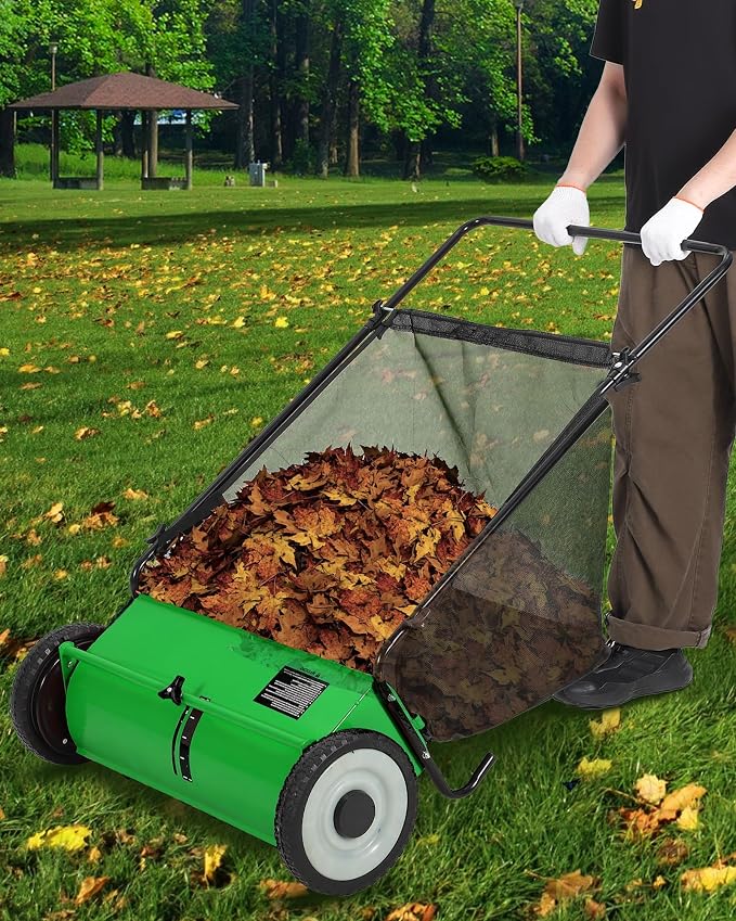 Push Lawn Sweeper for Leaves, 21" Width Heavy Duty Steel Frame Grass Catcher with 3.5 Cu. Ft. Hopper Bag & 4 Spinning Brushes for Yard and Garden Cleanup, Green