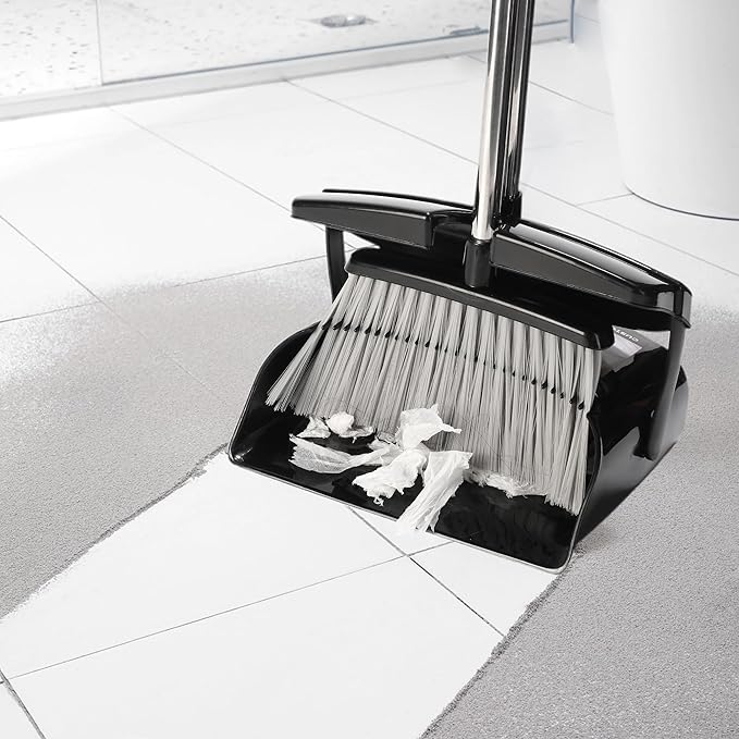 Broom and Dustpan Set 52-in Long Adjustable Handle Broom Dustpan Combo | Upright Dustpan with Teeth to Automatically Clean Hair, Dust Pan with Lid, Suitable for Home Kitchen Office Hall Floor