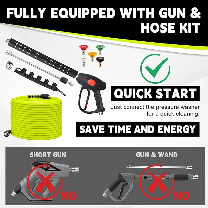 M MINGLE Pressure Washer Hose and Gun Kit, 50FT Power Wash Hose with 5 Tips | M22-14mm Fitting, Replacement for Ryobi, Simpson, Craftsman, Ideal for Car, Driveway, Patio & Household Deep Washing