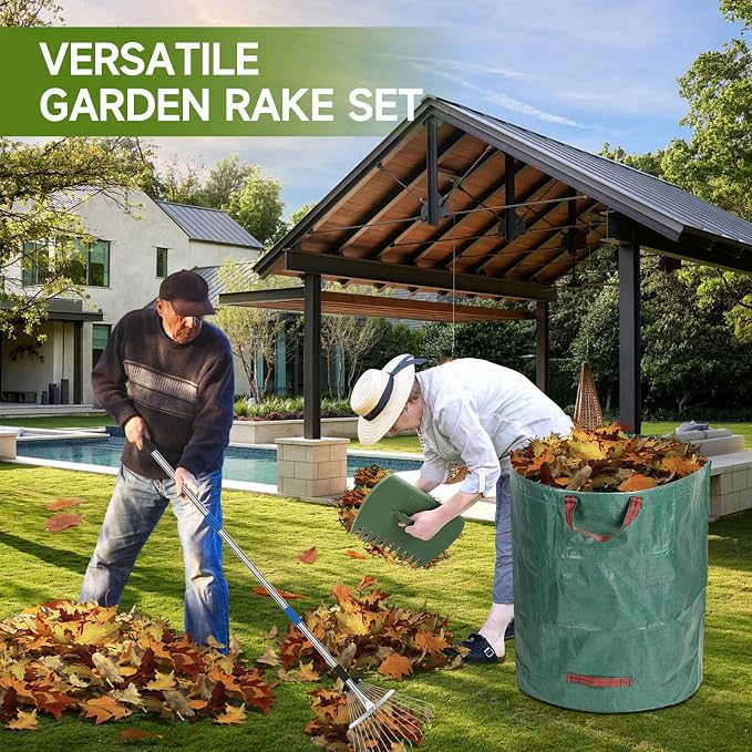 SANLIKE 68" Adjustable Metal Leaf Rake, Heavy Duty Thatch Rake Include Bag | Sturdy metal rake head with extendable 68-inch adjustable handle, heavy-duty durable structure for lawn thatch & leaf cleanup