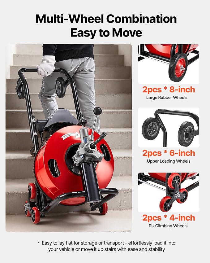 VEVOR Drain Cleaner Machine 100 FT x 3/4 Inch, Auto Feed Sewer Snake Auger, Portable Drain Cleaning Machine with Multi-Wheel Combination, 6 Cutters & Air-Activated Foot Switch for 4" to 8" Pipes