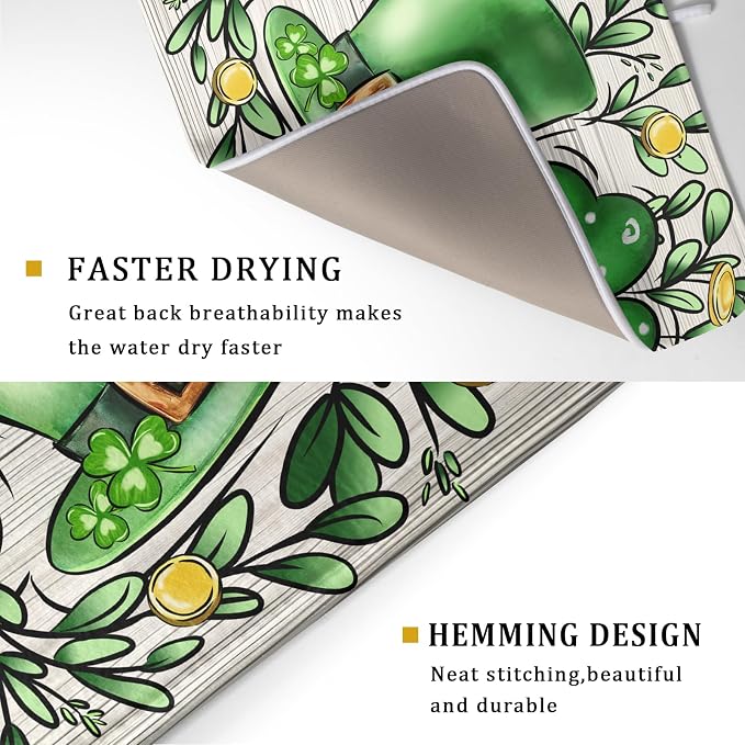 St Patrick's Day Shamrock Dish Drying Mat 18x24 inch Eucalyptus Leaves Dishes Pad Dish Drainer Mats Absorbent Fast Dry Kitchen Accessories