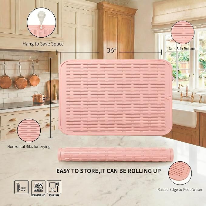 MicoYang Silicone Dish Drying Mat for Multiple Usage,Easy clean,Eco-friendly,Heat-resistant Silicone Mat for Kitchen Counter or Sink,Refrigerator or Drawer Liner Pink 5XL 36inches x 18inches