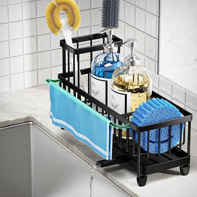 Moforoco Larger Version Sponge Holder for Kitchen Sink, Sink Caddy with High Brush Holder, Kitchen Sink Organizer Countertop Rustproof 304 Stainless Steel (Black with Towel Rack)