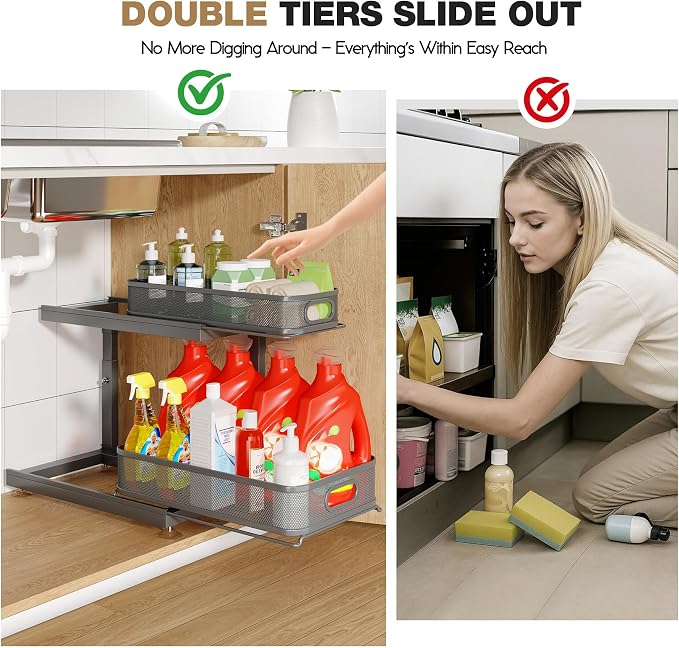 2-Pack Under Sink Storage Organizer with 2-Tier Slide Out Drawer, Sophisticated Mesh Pull Out Shelf for Kitchen & Bathroom, Fits Small Items, Upgraded Arched Track for Smooth Gliding-Gun Gray